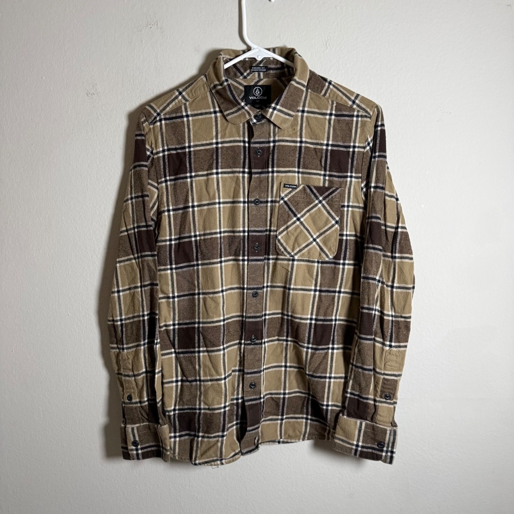 Volcom Mens Plaid Flannel Shirt Brown Tan Modern Fit Long Sleeve‎ A0532203 Small